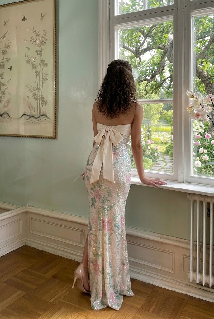 Beautiful Floral Sequin Mermaid Prom Dress High Slit Strapless Neckline Gala,OLP2301
