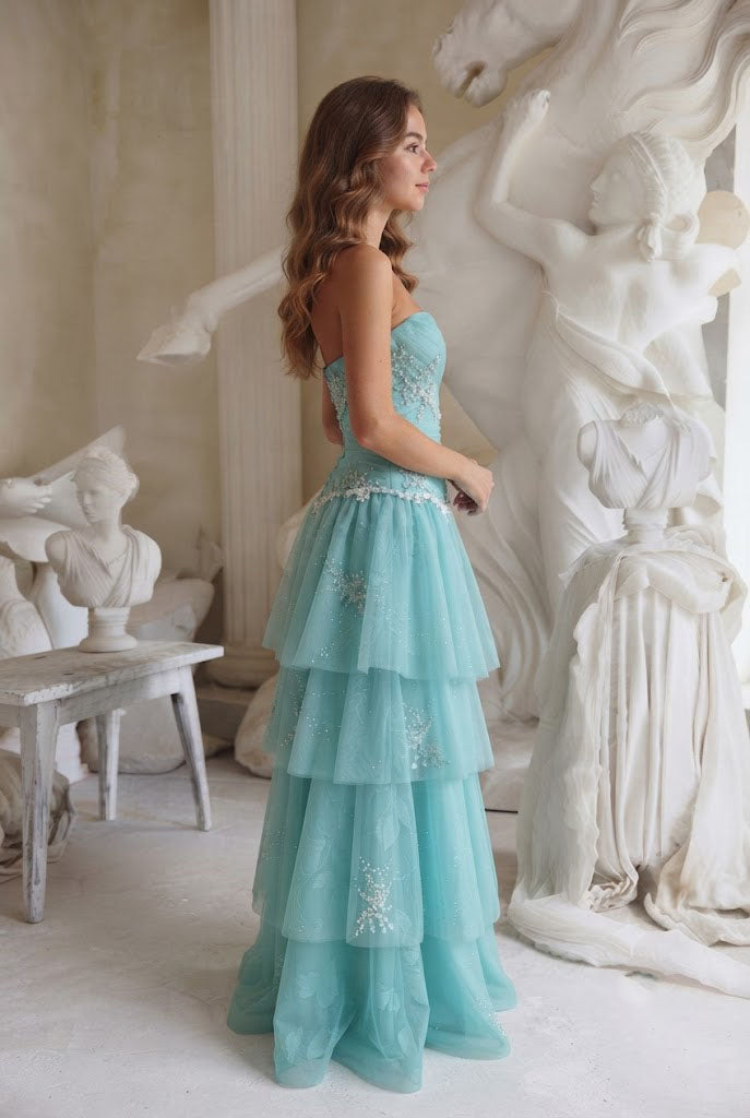 Unique Light Blue Tiered Tulle Party Dress Strapless A-Line Long Prom Dress,OLP2355