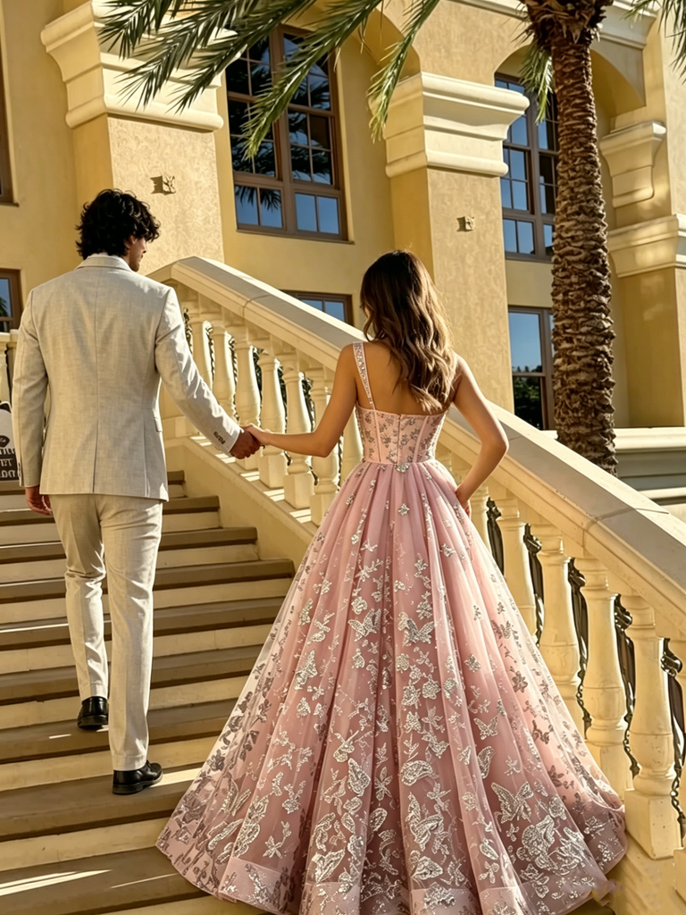 Unique Pink Butterfly Embroidery Ball Gown Prom Dress Sweetheart A-Line Tulle Skirt,OLP2264