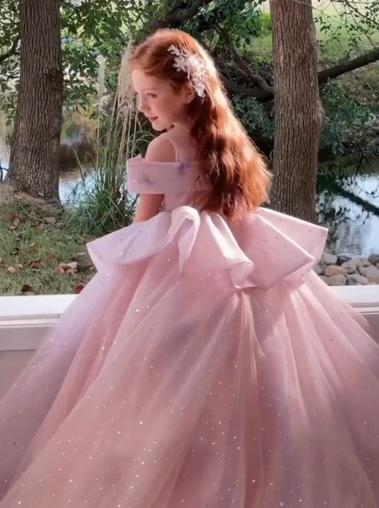 Cute Pink Off-Shoulder Long A-Line Flower Girl Dress , FGS0037