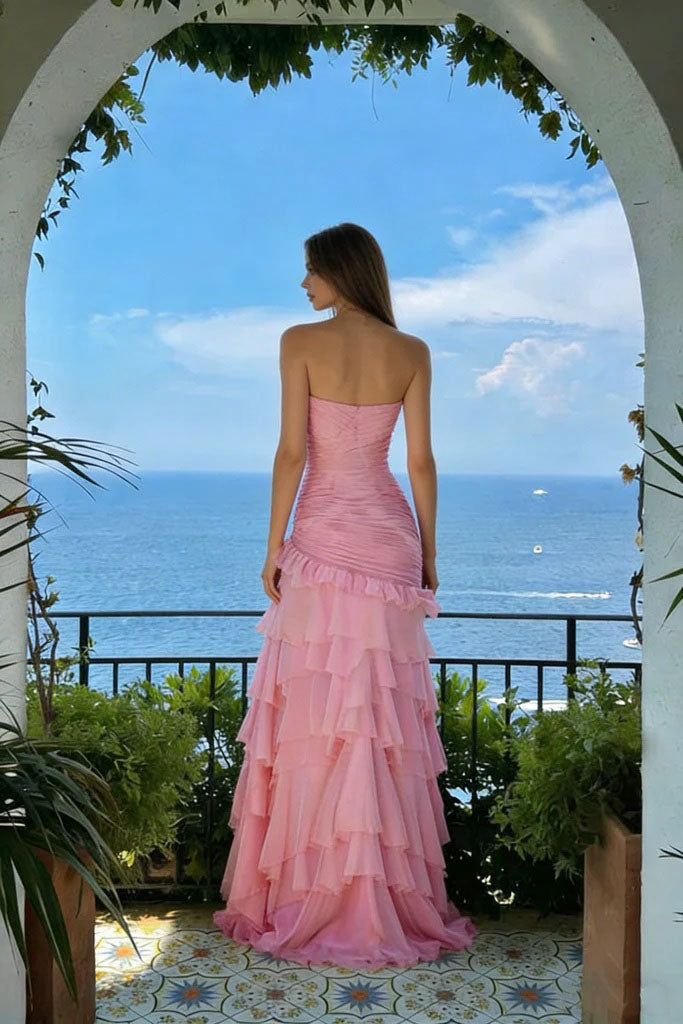Sexy Pink Strapless Prom Gown Tiered Ruffles High Leg Slit Design,OLP2002