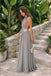 Glamorous Silver Plunging Halter Chiffon Maxi Prom Dress With Classy Sequin Midriff Cutout,OLP2379