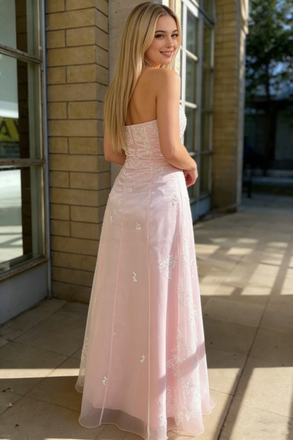 Elegant Sweetheart Strapless A-Line Pink Tulle Lace Applique Long Prom Dress,OLP2181