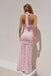 Classy Pink Lace Mermaid Prom Dress with Sexy High Slit and Halter Neck Sheer Bodice,OLP1759