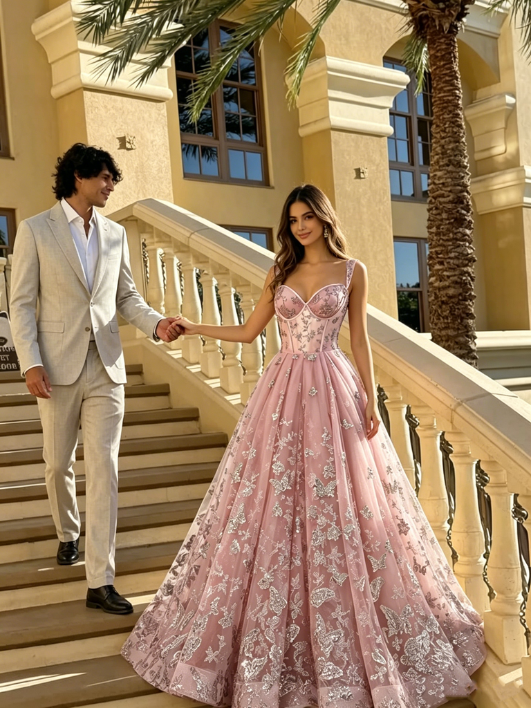 Unique Pink Butterfly Embroidery Ball Gown Prom Dress Sweetheart A-Line Tulle Skirt,OLP2264