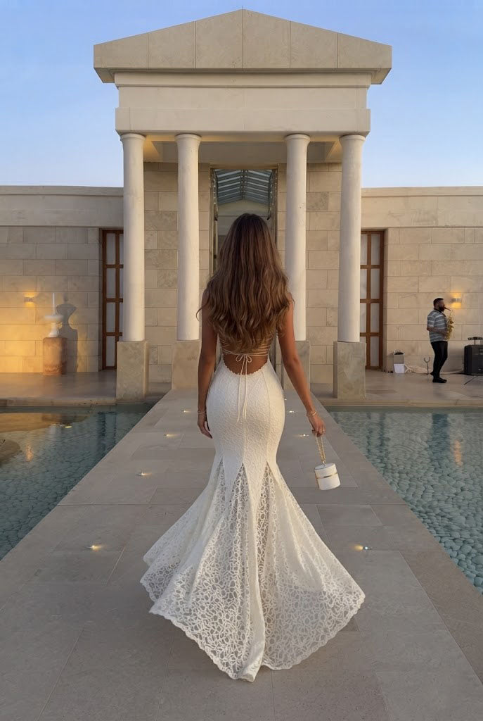 Modern White Lace Mermaid Prom Dress Spaghetti Straps Floor Length Elegant White,OLP2383