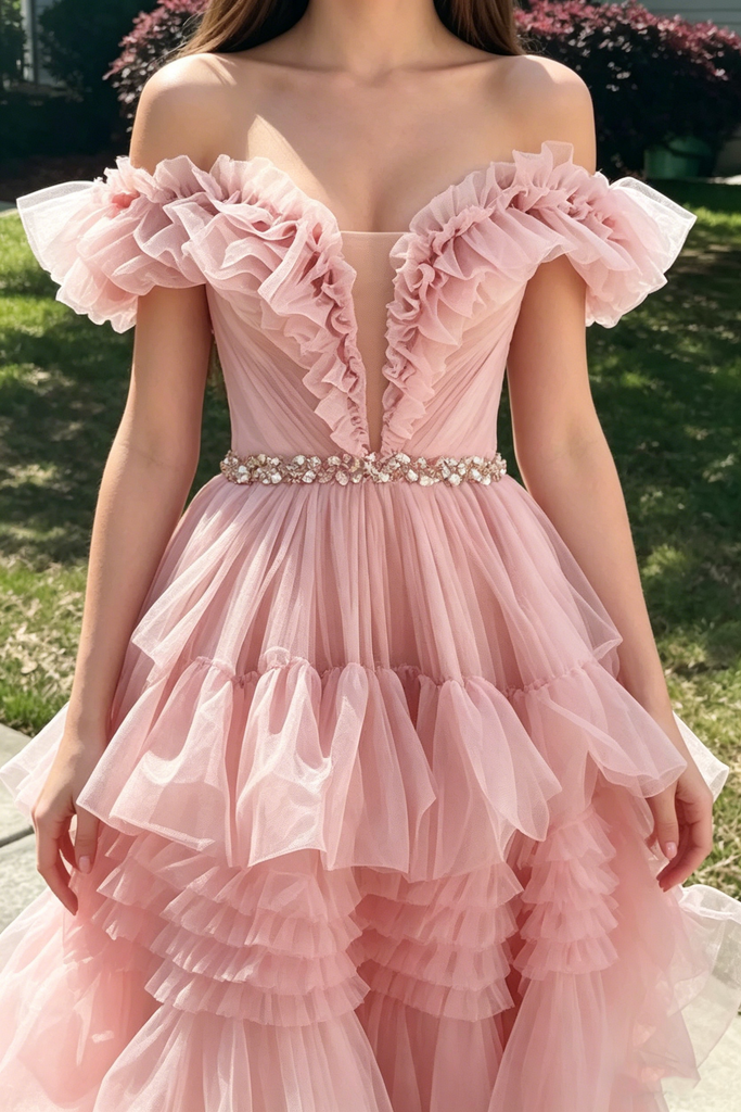 Unique Pink Tiered Tulle Prom Dress V Neck Ruffle Sleeve Beaded Ball Gown,OLP2200