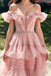 Unique Pink Tiered Tulle Prom Dress V Neck Ruffle Sleeve Beaded Ball Gown,OLP2200