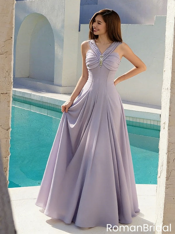 Elegant Lavender Chiffon A-Line Prom Gown Pleated Bodice Crystal Brooch,OLP1991