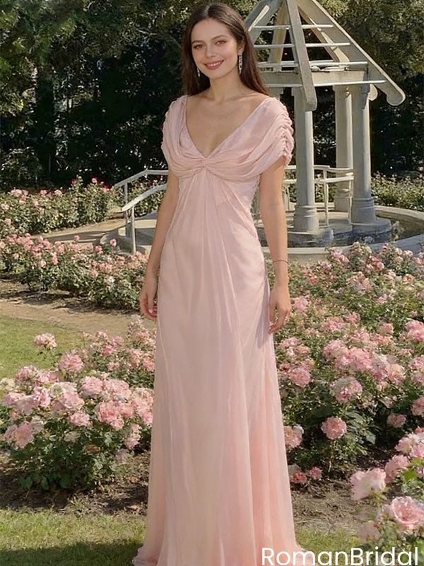 Classy Blush Pink Chiffon Prom Dress Cowl Neck Cap Sleeve A-Line Maxi Gown,OLP2090
