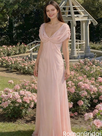 Classy Blush Pink Chiffon Prom Dress Cowl Neck Cap Sleeve A-Line Maxi Gown,OLP2090