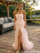 Unique Pink Tiered Tulle Pink Prom Gown Strapless High Slit Ruffle Evening Dress,OLP1858
