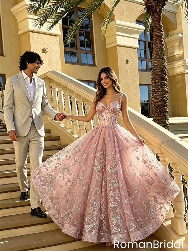 Unique Pink Butterfly Embroidery Ball Gown Prom Dress Sweetheart A-Line Tulle Skirt,OLP2264