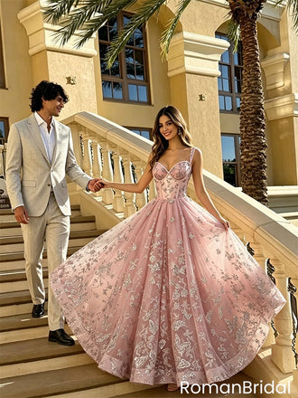 Unique Pink Butterfly Embroidery Ball Gown Prom Dress Sweetheart A-Line Tulle Skirt,OLP2264