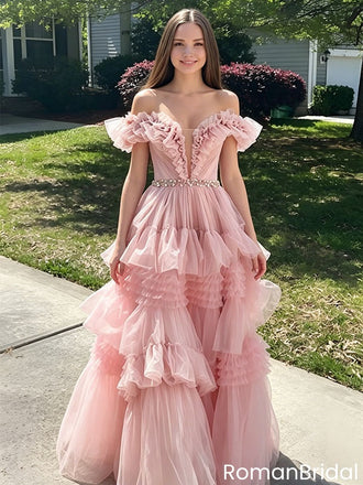 Unique Pink Tiered Tulle Prom Dress V Neck Ruffle Sleeve Beaded Ball Gown,OLP2200