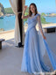 Stunning Blue Ombre Tulle Evening Gown Modern One Shoulder A Line Prom Dress,OLP2295
