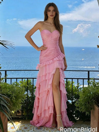 Sexy Pink Strapless Prom Gown Tiered Ruffles High Leg Slit Design,OLP2002