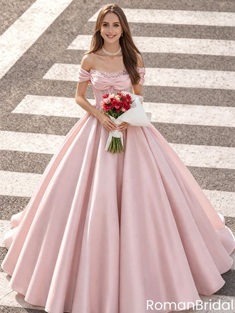 Pretty Off-The-Shoulder Blush Pink Satin Ball Gown Prom Dress,OLP2213