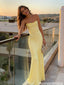 Classy Yellow Strapless Prom Dress Ruched Satin Mermaid Formal Evening Gown,OLP2015