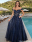 Sexy Midnight Blue Corset Prom Dress Glitter Tulle Off-Shoulder Ball Gown,OLP2025