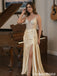 Sexy Champagne Satin Prom Gown Rhinestone Bodice High Side Slit Formal,OLP2064