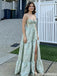 Unique Green Floral Print A-Line Prom Dress with Sexy Side Slit Classy Sweetheart Neck,OLP2314