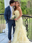 Elegant Strapless Yellow Lace Mermaid Formal Gown with Cascading Ruffle Skirt,OLP1883