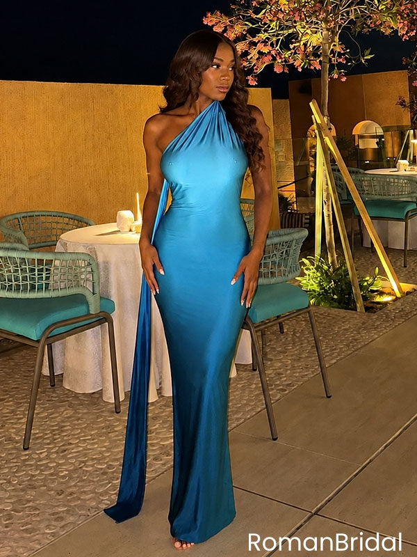 Sexy Blue Satin Backless One-Shoulder Mermaid Long Prom Dress,OLP2374