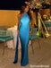 Sexy Blue Satin Backless One-Shoulder Mermaid Long Prom Dress,OLP2374