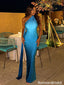 Sexy Blue Satin Backless One-Shoulder Mermaid Long Prom Dress,OLP2374
