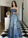 Elegant Blue A-Line Evening Dress Black Floral Embroidery Straps,OLP2102