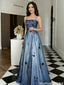 Elegant Blue A-Line Evening Dress Black Floral Embroidery Straps,OLP2102