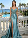 Sexy Beaded Sweetheart Teal Satin Prom Dress with High Slit,OLP2267