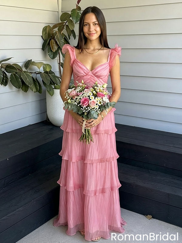 Pretty Pink Maxi Prom Dress Sweetheart Neck Ruffled Cap Sleeve Tiered Gown,OLP2353