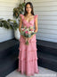 Pretty Pink Maxi Prom Dress Sweetheart Neck Ruffled Cap Sleeve Tiered Gown,OLP2353