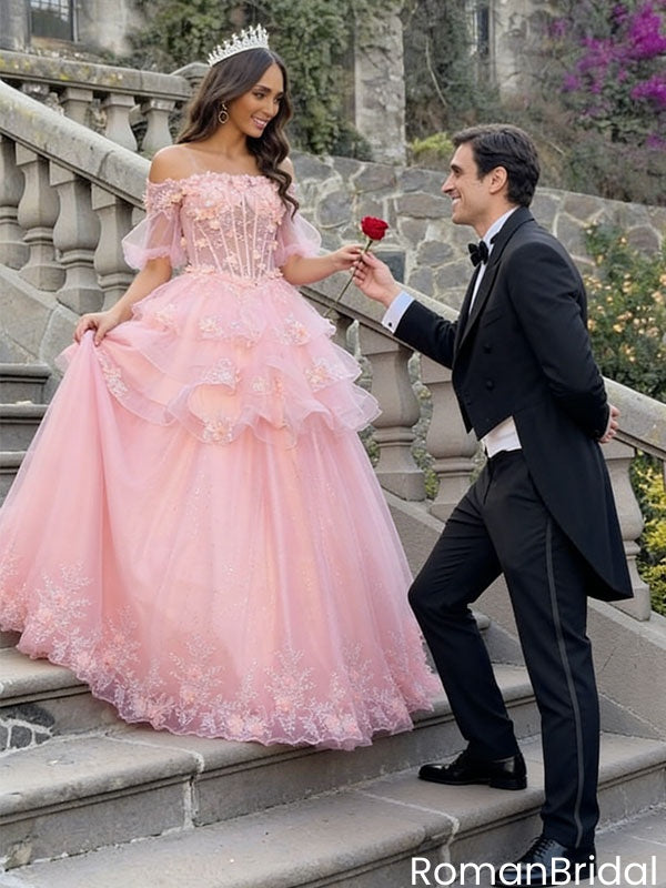 Fancy Off Shoulder Pink Ball Gown Prom Dress 3D Floral Applique Layered Skirt,OLP2146