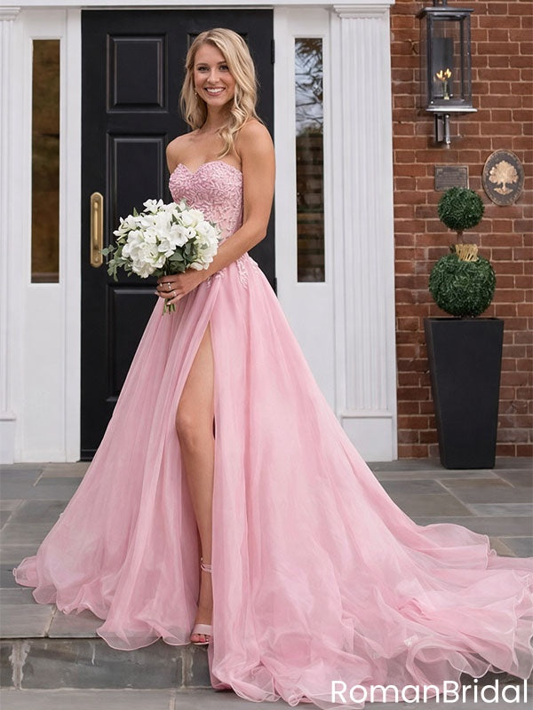 Sexy Strapless Pink Chiffon A-Line Prom Dress With High Slit,OLP1865