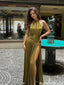 Fancy Pleated Olive Green Halter Neck Long Prom Dress with Classy High Slit,OLP2341