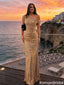 Shimmering Gold Off the Shoulder Evening Gown Sexy Ruched Fitted Prom Dress,OLP1906