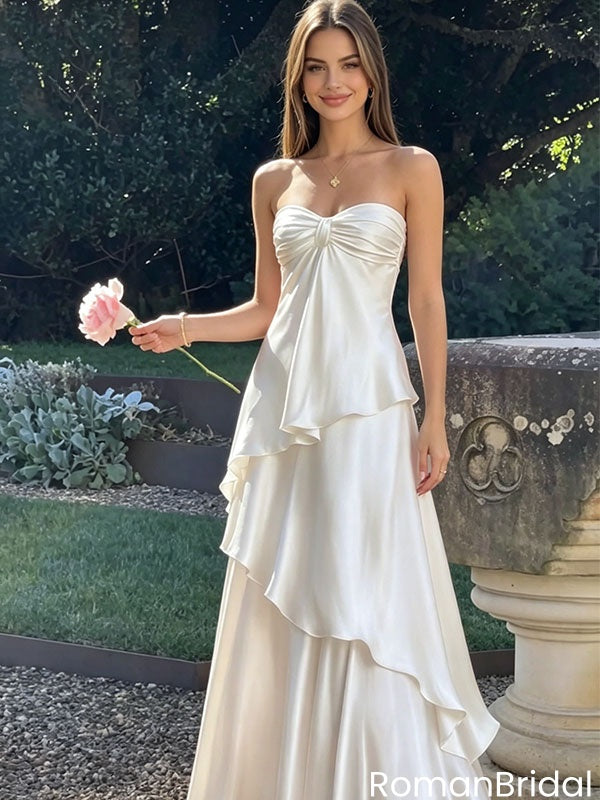 Elegant White Satin Prom Dress Strapless Ruched Bodice Tiered Skirt Maxi Gown,OLP2248