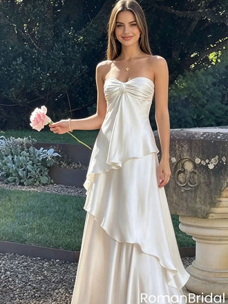 Elegant White Satin Prom Dress Strapless Ruched Bodice Tiered Skirt Maxi Gown,OLP2248