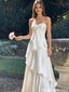 Elegant White Satin Prom Dress Strapless Ruched Bodice Tiered Skirt Maxi Gown,OLP2248