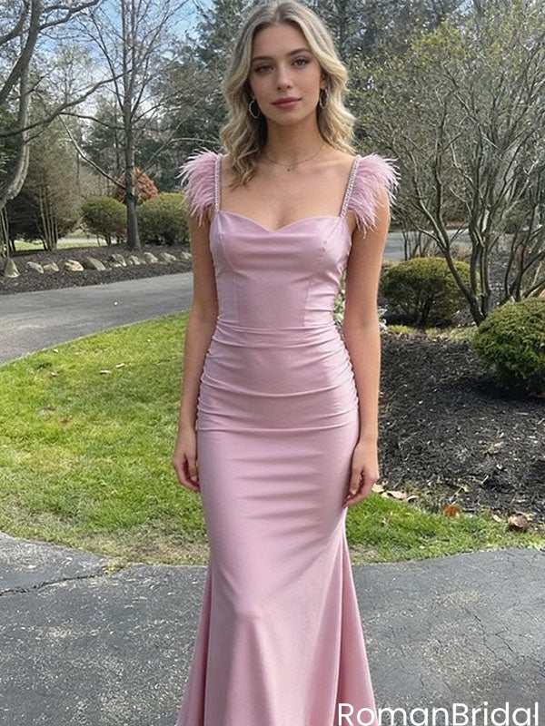 Classy Pink Mermaid Prom Dress Feather Sleeve Ruched Satin Formal Gown,OLP2081