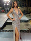 Modern Silver Spaghetti Straps V-Neck Backless Cutout Sequin Mermaid Prom Dress,OLP2132