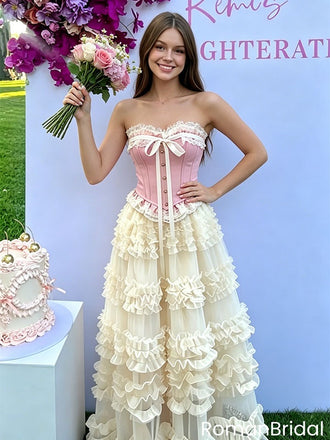 Unique Corset Top Prom Dress with Ruffled Tulle Skirt Beautiful Tea Length,OLP2286