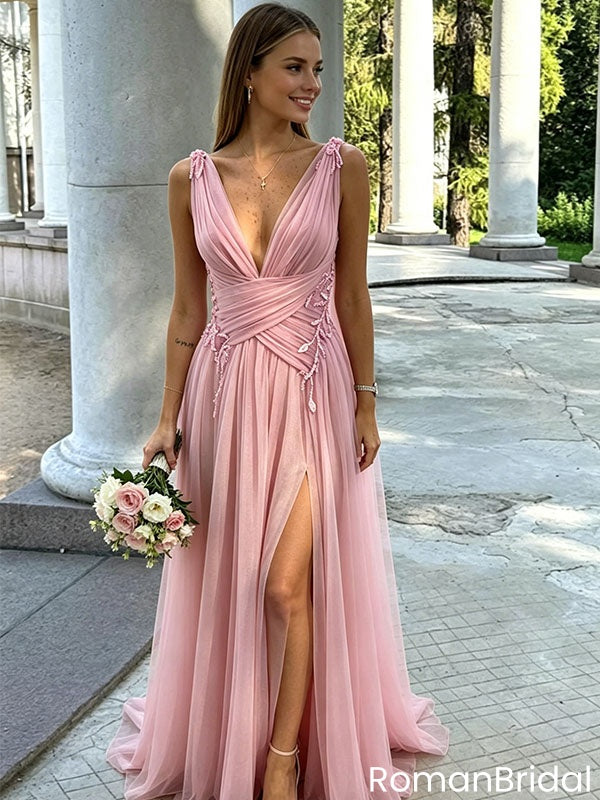 Sexy Pink Pleated Chiffon V Neck Sleeveless High Slit Floor Length Prom Dress,OLP2242