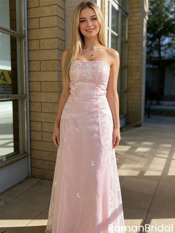 Elegant Sweetheart Strapless A-Line Pink Tulle Lace Applique Long Prom Dress,OLP2181