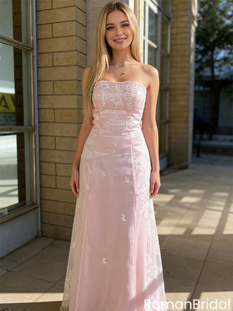 Elegant Sweetheart Strapless A-Line Pink Tulle Lace Applique Long Prom Dress,OLP2181