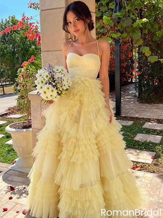 Yellow Square Neck Spaghetti Strap Tulle Ruffled Ball Gown Prom Dress,OLP2207