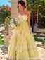 Yellow Square Neck Spaghetti Strap Tulle Ruffled Ball Gown Prom Dress,OLP2207